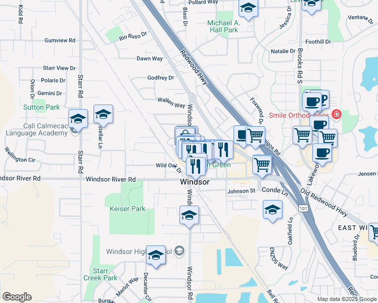 map of restaurants, bars, coffee shops, grocery stores, and more near 1037 McClelland Drive in Windsor