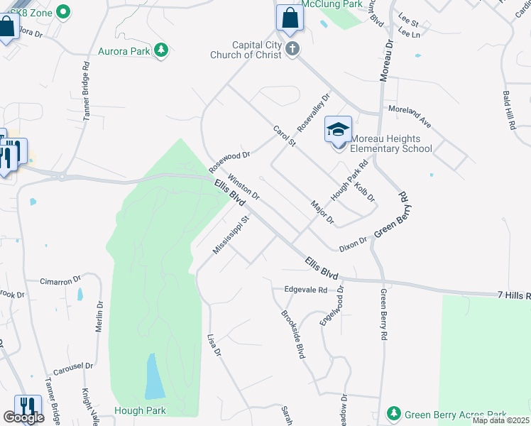 map of restaurants, bars, coffee shops, grocery stores, and more near 1112 Winston Drive in Jefferson City