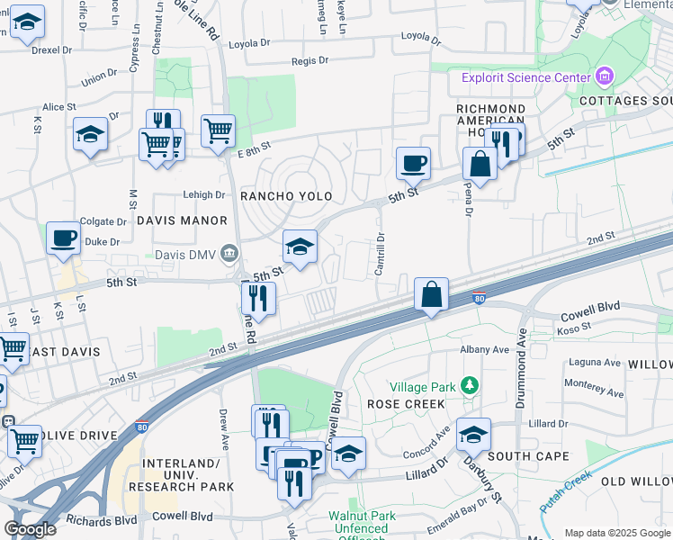 map of restaurants, bars, coffee shops, grocery stores, and more near 200 Madson Place in Davis