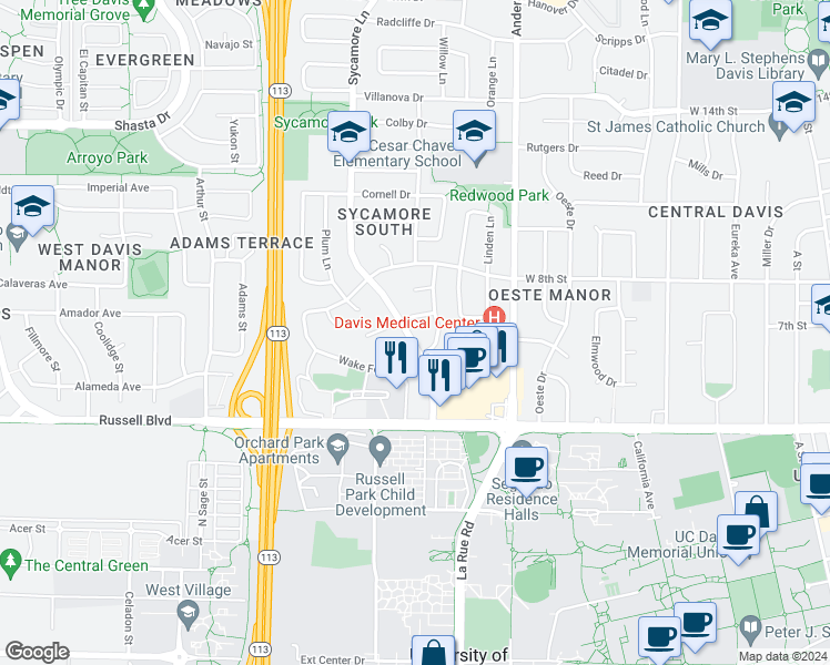 map of restaurants, bars, coffee shops, grocery stores, and more near 718 Sycamore Lane in Davis