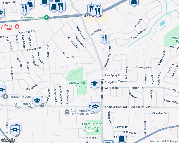 map of restaurants, bars, coffee shops, grocery stores, and more near 9651 Hartsdale Drive in St. Louis