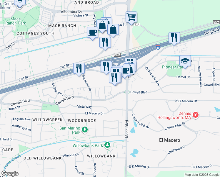 map of restaurants, bars, coffee shops, grocery stores, and more near 4447 Cowell Boulevard in Davis