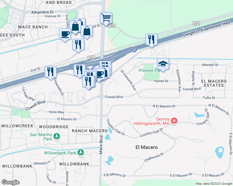 map of restaurants, bars, coffee shops, grocery stores, and more near 4735 Cowell Boulevard in Davis
