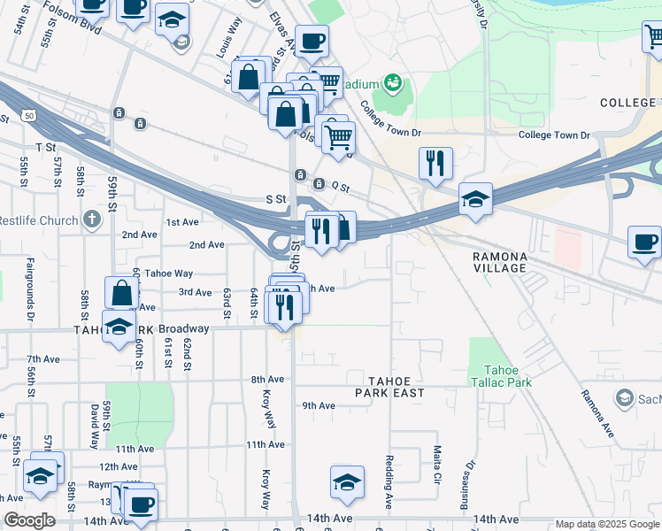 map of restaurants, bars, coffee shops, grocery stores, and more near 6620 4th Avenue in Sacramento