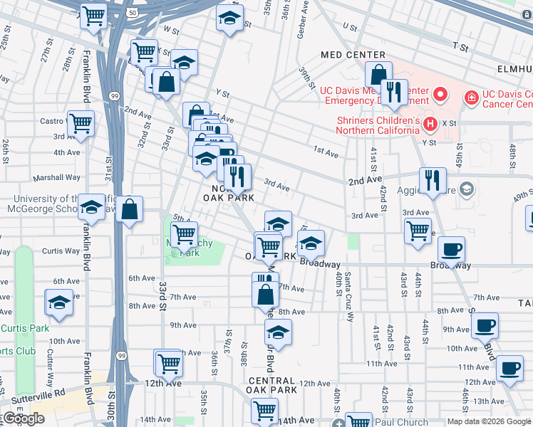 map of restaurants, bars, coffee shops, grocery stores, and more near 3733 Broadway in Sacramento