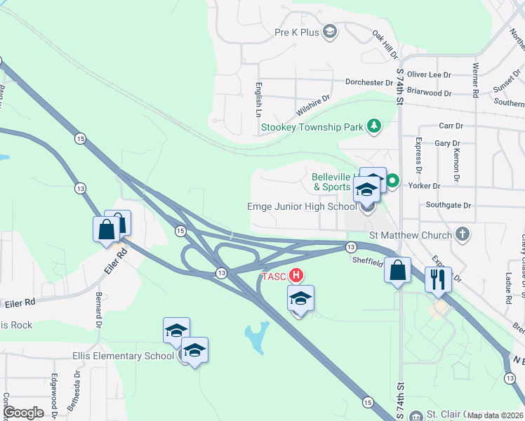 map of restaurants, bars, coffee shops, grocery stores, and more near 7713 Westchester Drive in Belleville
