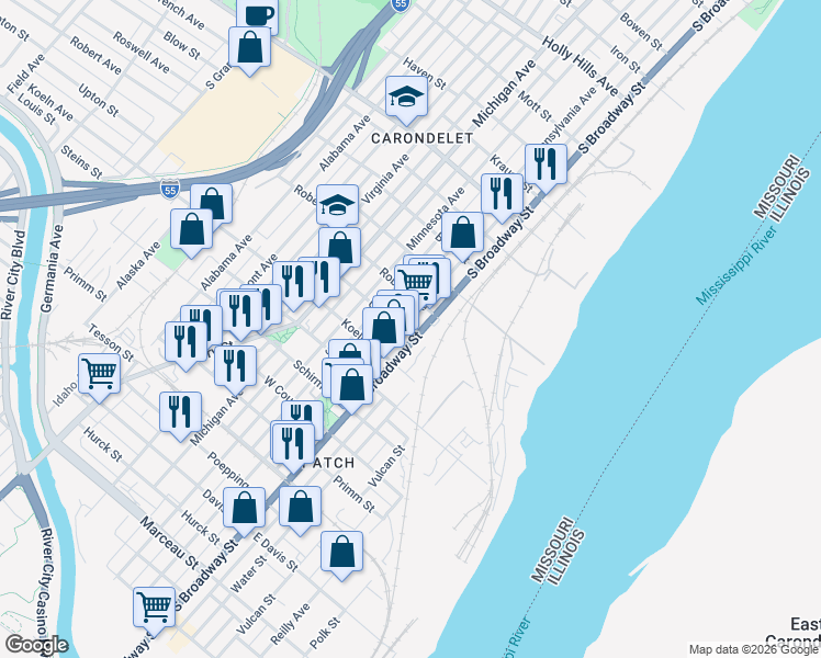 map of restaurants, bars, coffee shops, grocery stores, and more near 7411A South Broadway in St. Louis