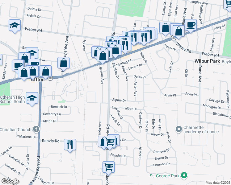 map of restaurants, bars, coffee shops, grocery stores, and more near 9345 Rambler Drive in Affton