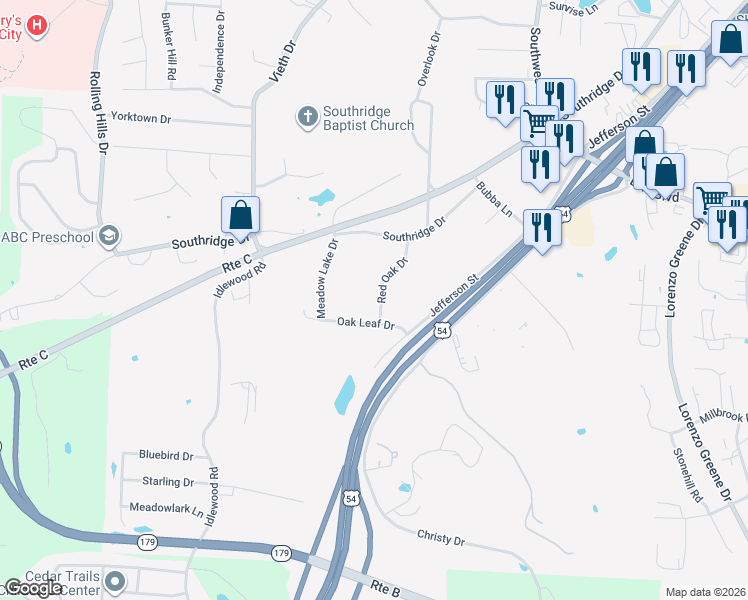 map of restaurants, bars, coffee shops, grocery stores, and more near 2021 Oak Leaf Drive in Jefferson City