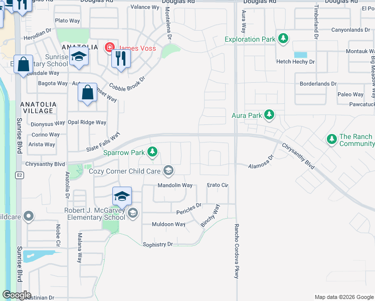 map of restaurants, bars, coffee shops, grocery stores, and more near 4243 Parnassus Drive in Rancho Cordova