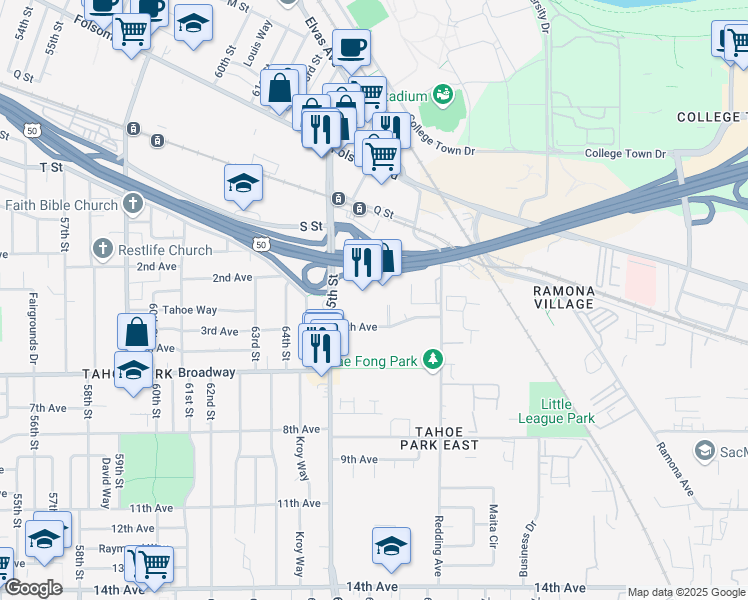 map of restaurants, bars, coffee shops, grocery stores, and more near 6507 4th Avenue in Sacramento