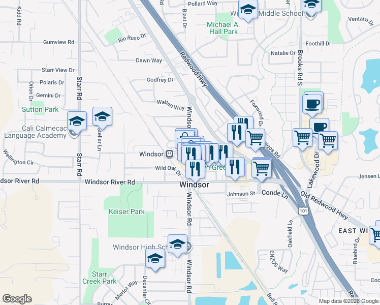 map of restaurants, bars, coffee shops, grocery stores, and more near Windsor Road & Emily Rose Circle in Windsor