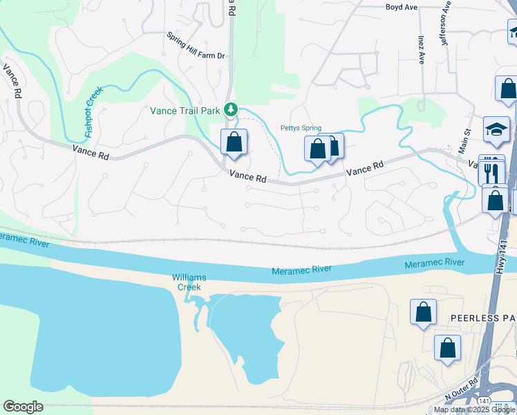 map of restaurants, bars, coffee shops, grocery stores, and more near 456 Seton Hall in Valley Park