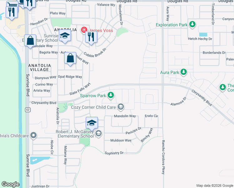 map of restaurants, bars, coffee shops, grocery stores, and more near 11949 Montron Way in Rancho Cordova