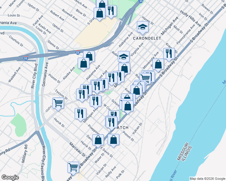 map of restaurants, bars, coffee shops, grocery stores, and more near 7604 Michigan Avenue in St. Louis