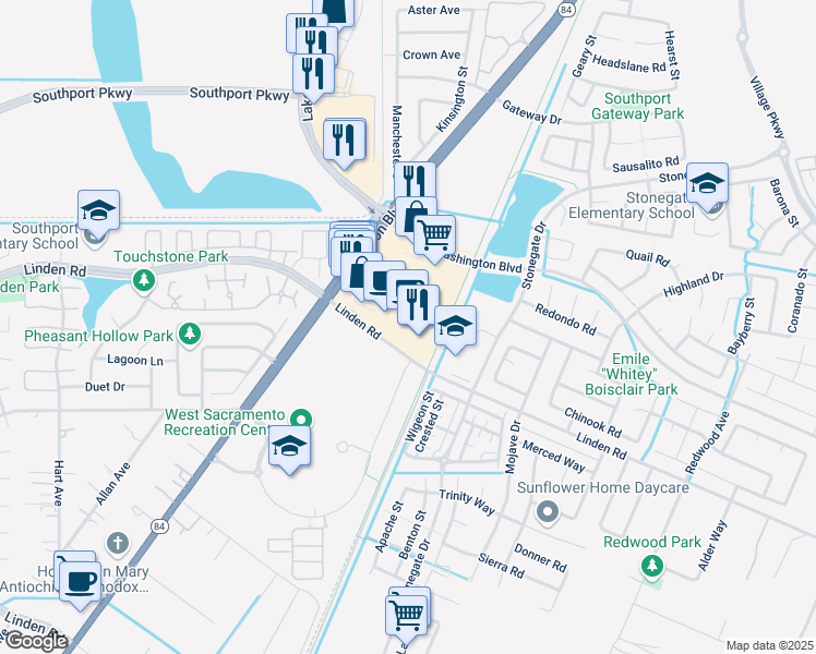 map of restaurants, bars, coffee shops, grocery stores, and more near 2005 Town Center Plaza in West Sacramento