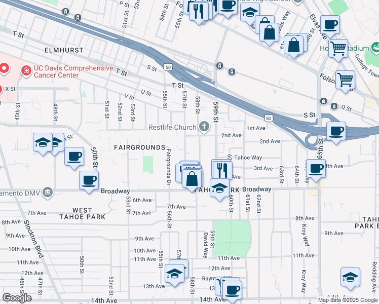 map of restaurants, bars, coffee shops, grocery stores, and more near 2739 57th Street in Sacramento