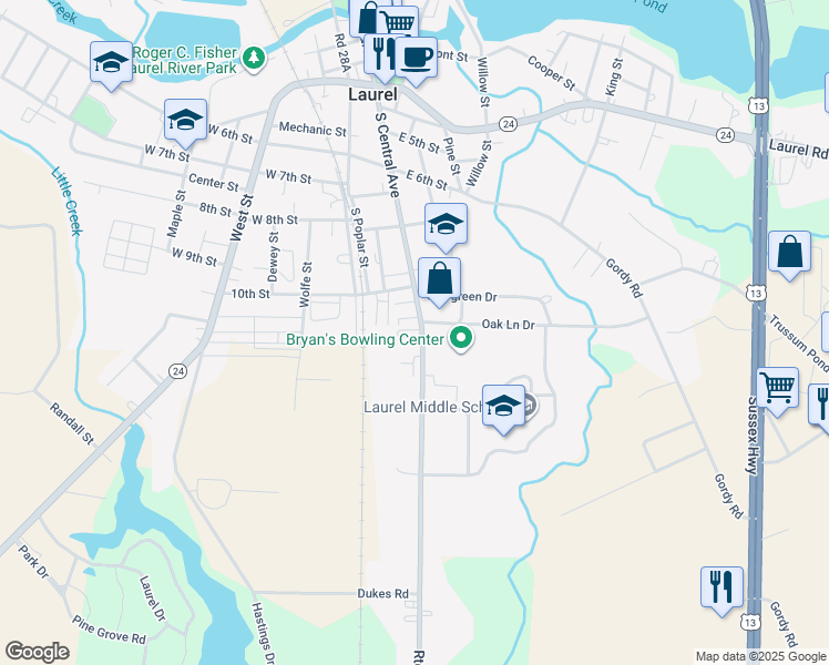 map of restaurants, bars, coffee shops, grocery stores, and more near 1010 South Central Avenue in Laurel