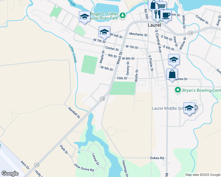 map of restaurants, bars, coffee shops, grocery stores, and more near Delaware 24 in Laurel