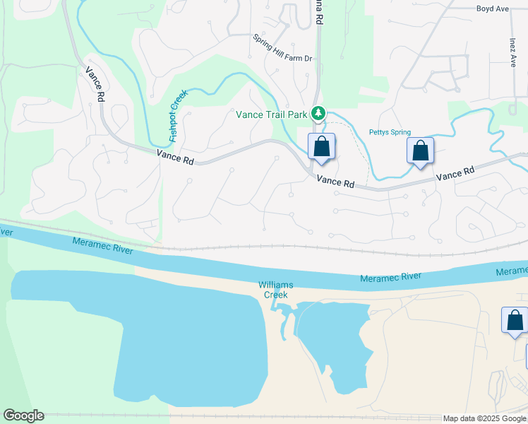 map of restaurants, bars, coffee shops, grocery stores, and more near 1657 Hanna Road in Valley Park
