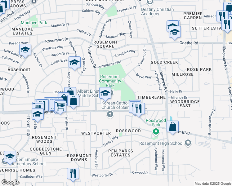 map of restaurants, bars, coffee shops, grocery stores, and more near 9325 Mirandy Drive in Sacramento