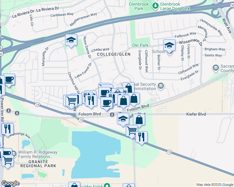 map of restaurants, bars, coffee shops, grocery stores, and more near 3099 Great Falls Way in Sacramento