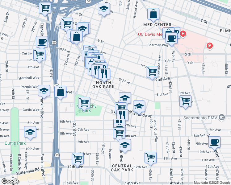 map of restaurants, bars, coffee shops, grocery stores, and more near 3735 4th Avenue in Sacramento