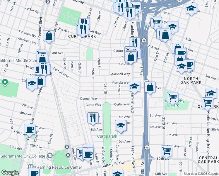 map of restaurants, bars, coffee shops, grocery stores, and more near 2627 Portola Way in Sacramento