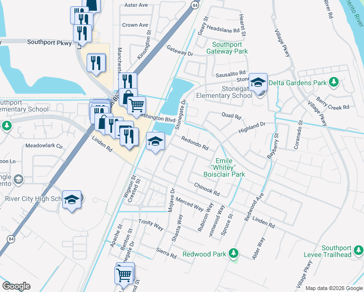 map of restaurants, bars, coffee shops, grocery stores, and more near 2630 San Carlos Court in West Sacramento