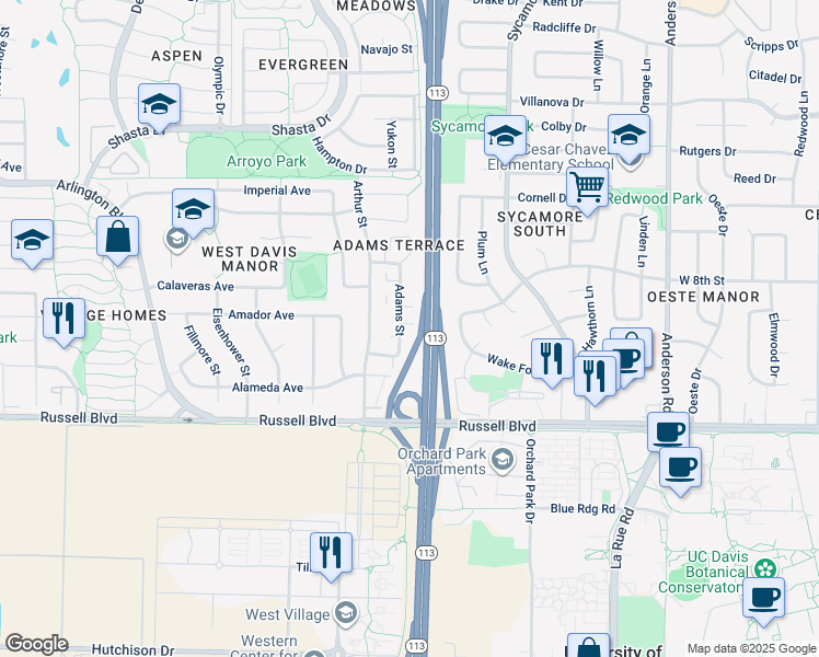 map of restaurants, bars, coffee shops, grocery stores, and more near 720 Adams Street in Davis