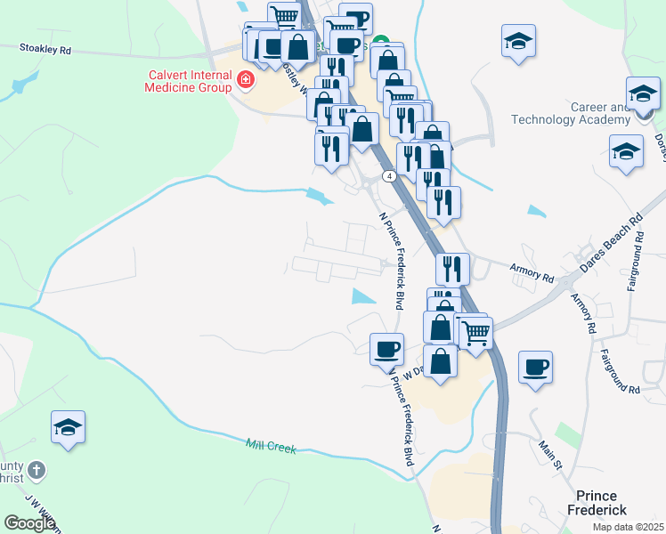 map of restaurants, bars, coffee shops, grocery stores, and more near 120 Allnutt Court in Prince Frederick