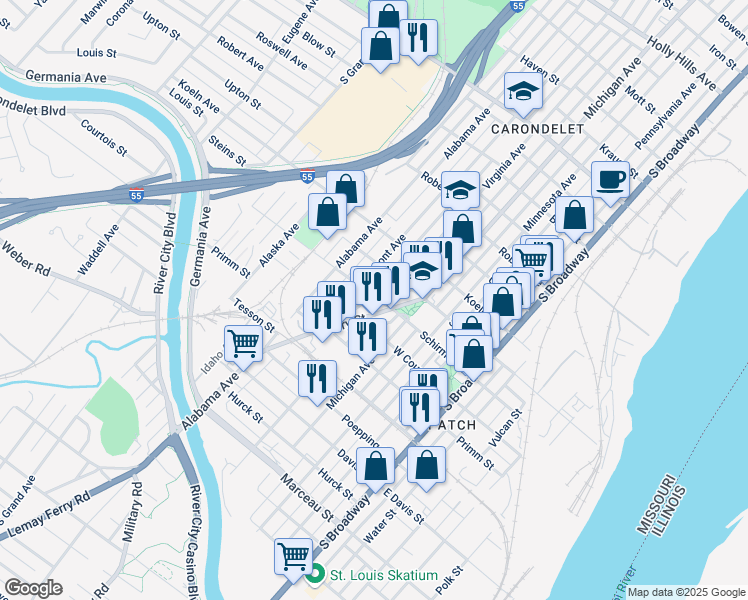 map of restaurants, bars, coffee shops, grocery stores, and more near 7613 Virginia Avenue in St. Louis