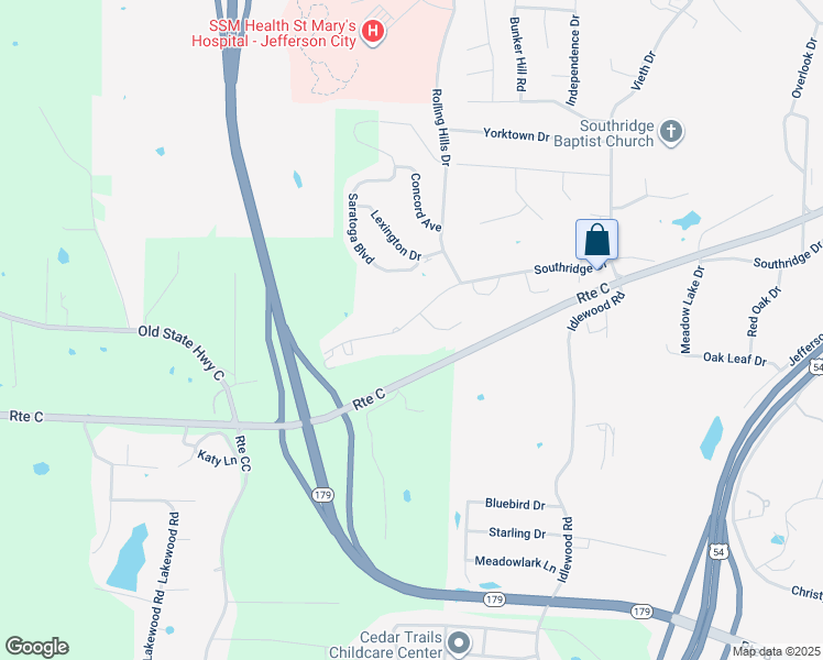map of restaurants, bars, coffee shops, grocery stores, and more near 2516 Southridge Drive in Jefferson City