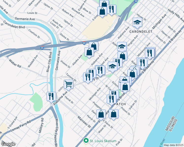 map of restaurants, bars, coffee shops, grocery stores, and more near 7725 Vermont Avenue in St. Louis