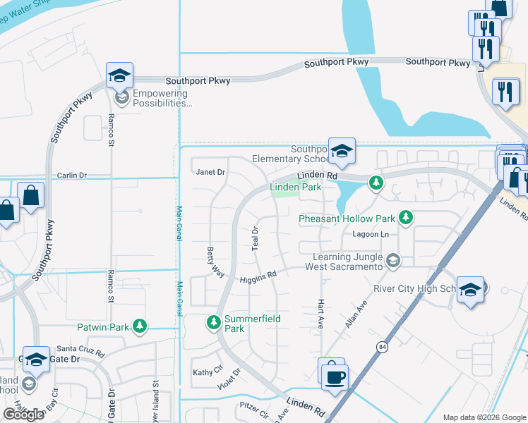 map of restaurants, bars, coffee shops, grocery stores, and more near 2668 Teal Drive in West Sacramento