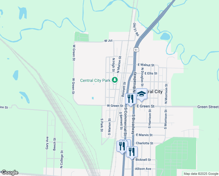 map of restaurants, bars, coffee shops, grocery stores, and more near 222 North High Street in Centralia