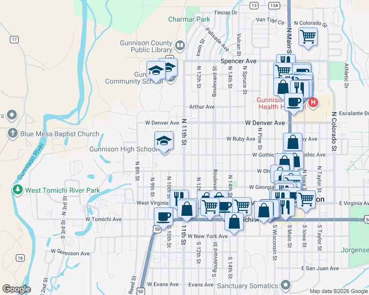 map of restaurants, bars, coffee shops, grocery stores, and more near 601-621 North 11th Street in Gunnison
