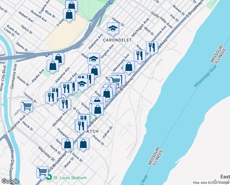 map of restaurants, bars, coffee shops, grocery stores, and more near 7304 Pennsylvania Avenue in St. Louis