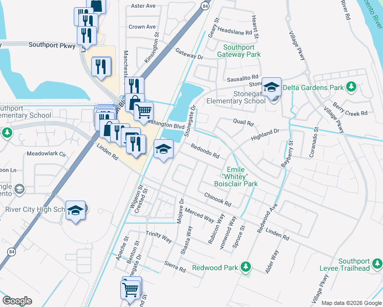 map of restaurants, bars, coffee shops, grocery stores, and more near 2630 San Carlos Court in West Sacramento
