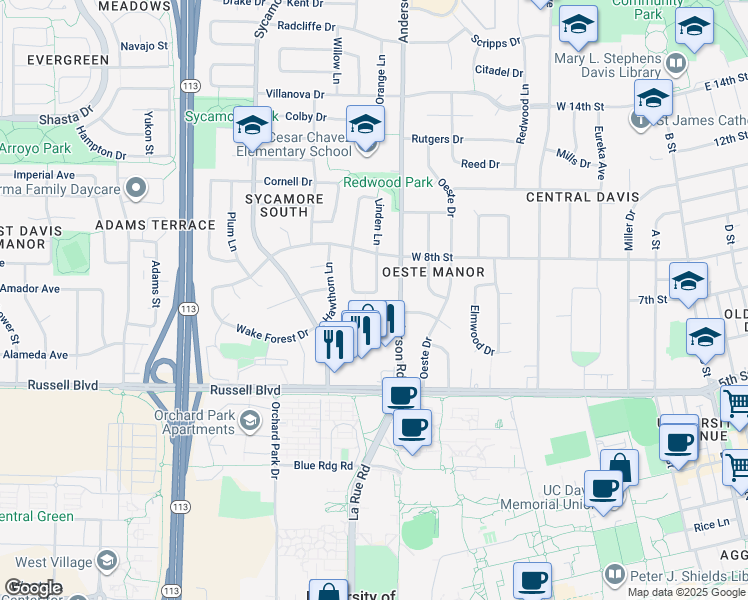 map of restaurants, bars, coffee shops, grocery stores, and more near 744 Mulberry Lane in Davis
