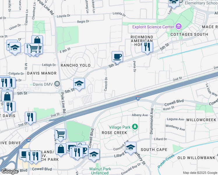 map of restaurants, bars, coffee shops, grocery stores, and more near 638 Cantrill Drive in Davis