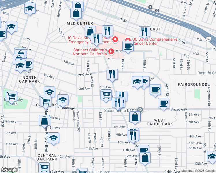 map of restaurants, bars, coffee shops, grocery stores, and more near 4371 3rd Avenue in Sacramento