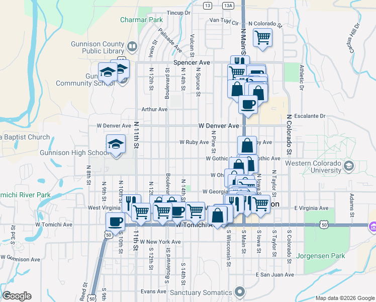 map of restaurants, bars, coffee shops, grocery stores, and more near 612 North 14th Street in Gunnison
