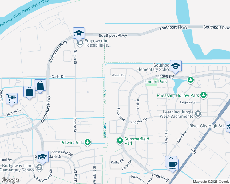map of restaurants, bars, coffee shops, grocery stores, and more near 2946 Sharon Court in West Sacramento