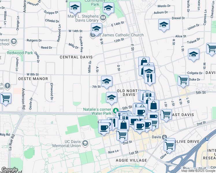 map of restaurants, bars, coffee shops, grocery stores, and more near B Street & 7th Street in Davis