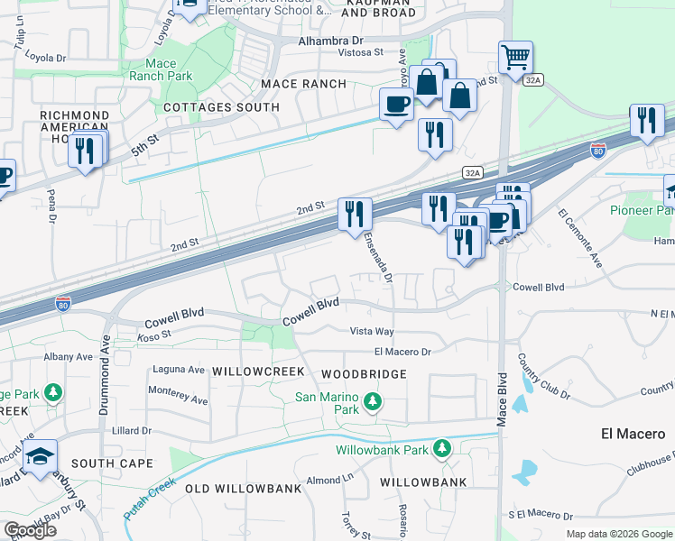 map of restaurants, bars, coffee shops, grocery stores, and more near 4005 Cowell Boulevard in Davis