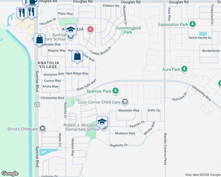 map of restaurants, bars, coffee shops, grocery stores, and more near 11906 Mircado Way in Rancho Cordova