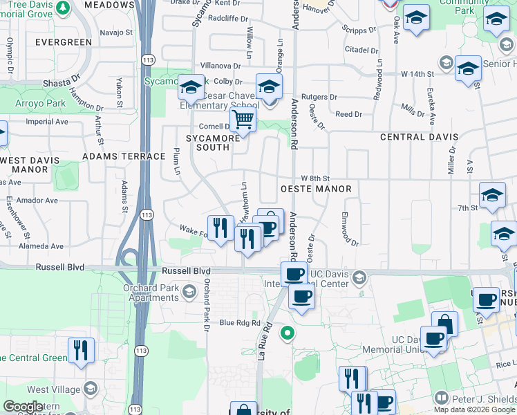 map of restaurants, bars, coffee shops, grocery stores, and more near 770 Mulberry Lane in Davis