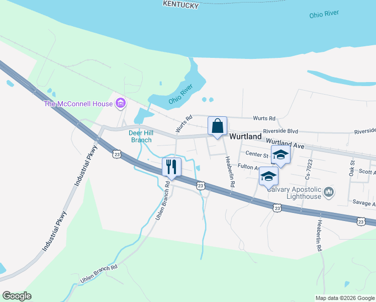 map of restaurants, bars, coffee shops, grocery stores, and more near 202 Wurtland Ave in Wurtland
