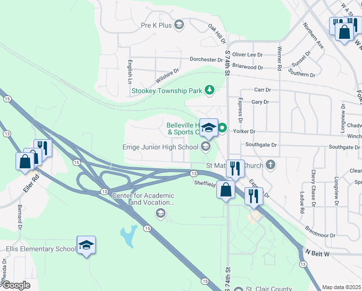 map of restaurants, bars, coffee shops, grocery stores, and more near 117 Sheffield Drive in Belleville